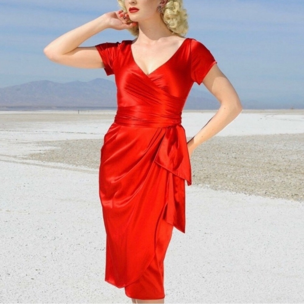 Ava Faux Wrap Wiggle Dress in Red Satin | Pinup Couture Size S